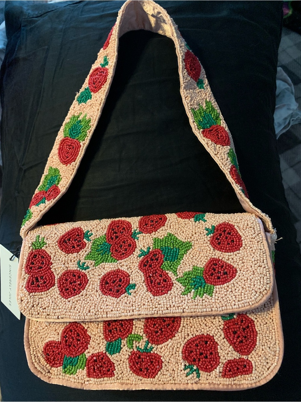 Beaded Strawberry-Pattern Shoulder Bag - Pink/Red